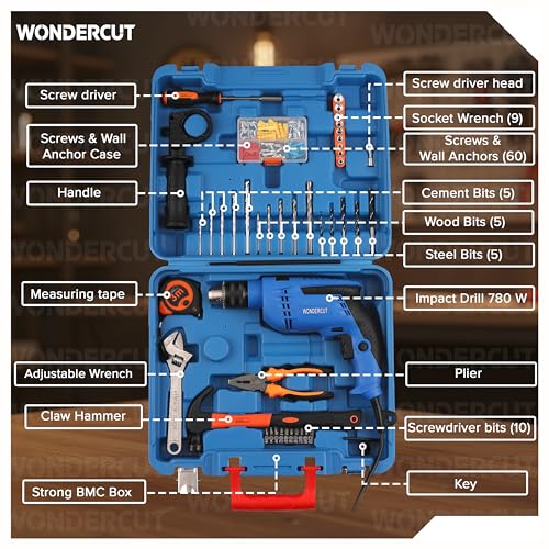 Image of WONDERCUT Professional-Impact Drill Tool Kit, 780W, 3000 RPM, 13mm Chuck, Blue BMC WC-13DK-100 Power & Hand Tool Kit (105 Tools)