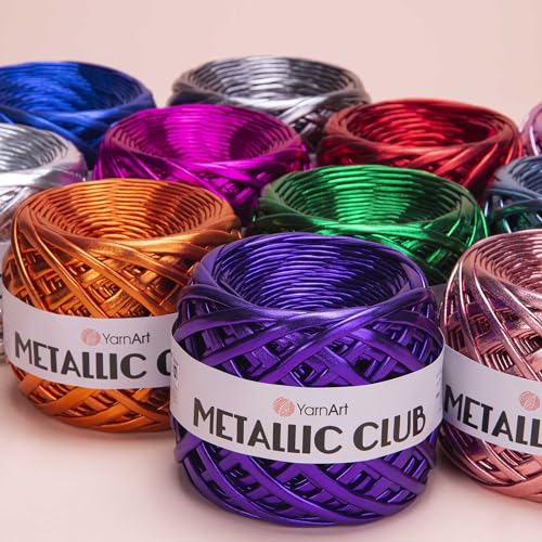 Image of YarnArt Metallic Club Super Bulky T-Shirt Yarn - 100% Polyester, 6.35 oz / 180 gr, 60 yrds / 55 Meters - Shiny Colors for Handbags, Rugs, Chic Night Bags, Crochet (8128)