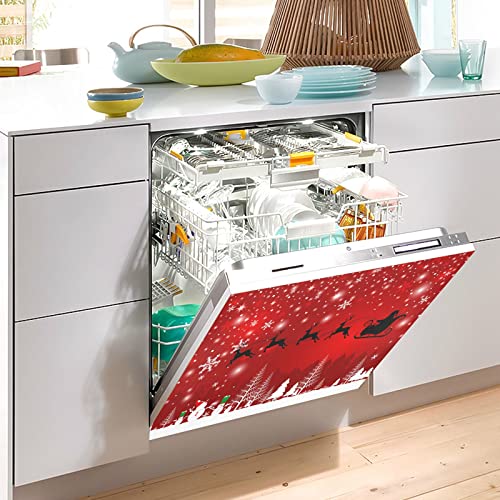 Christmas Santa Sleigh Red Dishwasher Magnet Cover Winter Snowflakes Xmas Snowman Magnetic Sticker Dish Washer Door Panel Cover Fridge Kitchen Appliance Magnet Decal Sheet Decor 23X26 Inch #TOP4
