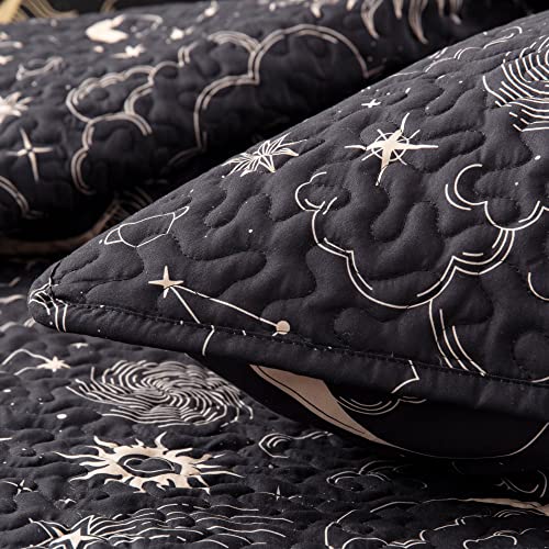 EXQ Home Quilt Set King Size Black Print 3 Piece,Lightweight Soft Coverlet Modern Style Sun Starry Pattern Bedspread Set(1 Quilt,2 Pillow Shams)