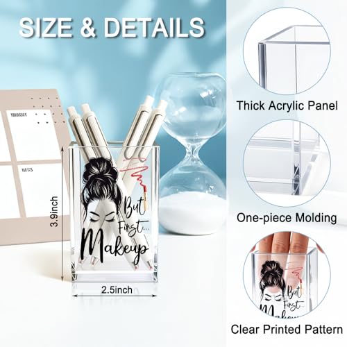 Image of But First Makeup Acrylic Cosmetic Holder, Funny Makeup Brush Holder Gifts for Cosmetologist Women Girls, Bathroom Vanity Storage for Make up Brushes, Birthday Gifts for Daughter Niece Sister