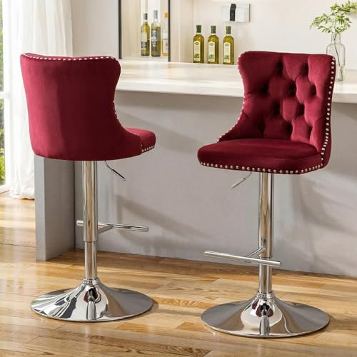Butacos ajustables giratorios de 2 piezas, con respaldo y reposapiés, para isla de cocina, altura regulable de 24–33 pulgadas, estilo moderno, color rojo con base plateada miniatura 3