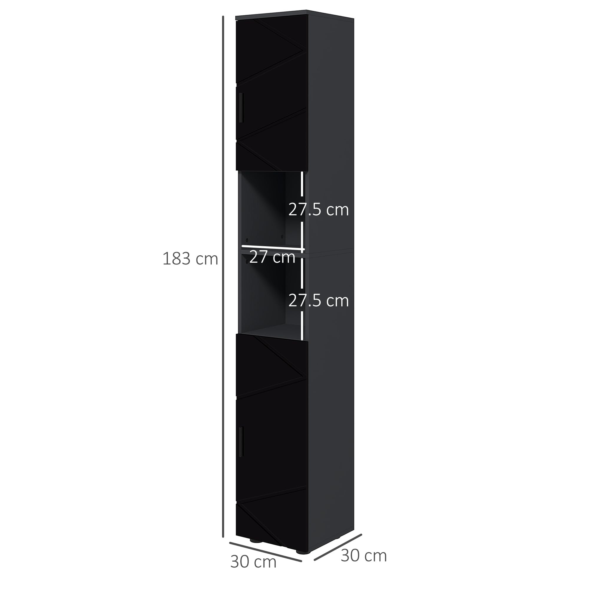 kleankin Colonna Bagno in Truciolato con 2 Ripiani Aperti e 2 Armadietti a 2 Livelli Regolabili, 30x30x183 cm, Nero e Grigio Scuro