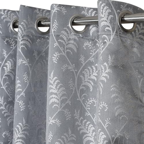 Image of STITCHNEST Fern Leaf Jacquard Door Curtain - Grey, 7 Feet, Grommet Top - Pack of 1 Stylish Curtain for Bedroom & Living Room