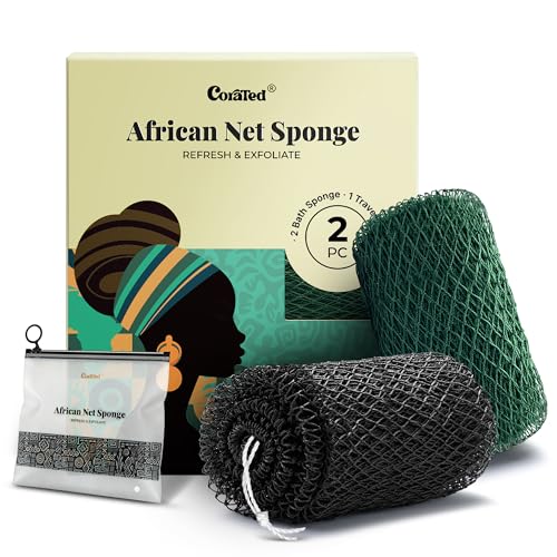 CORATED 2 Piezas de Red Exfoliante Africana, Esponja de Red para Baño, Esfregador para la Espalda, para Limpieza Facial y Corporal en Ducha y SPA (Negro y Verde Oscuro)