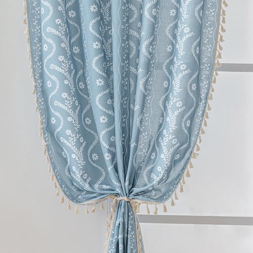 Image of Boho Curtains 84 Inch Long for Living Room, Bedroom, 2 Panels Floral Farmhouse Vintage Tassel Semi Sheer Light Filtering Privacy Window Curtain Drapes with Rod Pocket,Dusty Blue