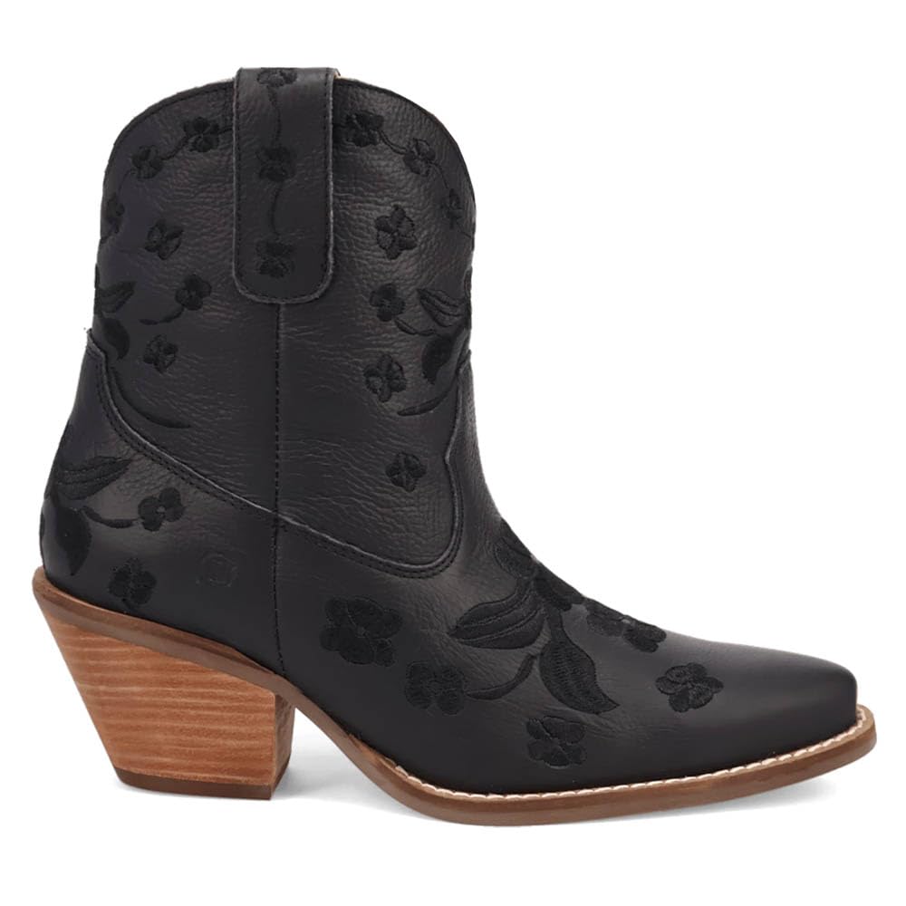 Dingo Womens Sweetheart Floral Embroidered Snip Toe Casual Boots Ankle Mid Heel 2-3 - Black