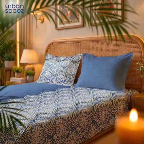 Image of Urban Space Serene 300TC 100% Cotton King Size Bedsheet, Panel Design Super Soft Bed Sheet for King Size Bed, King bedsheet with 2 Pillow Covers (108 inch x 108 inch, Lehriya Blue)