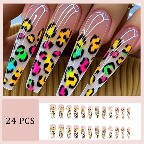 Colorful Leopard Print Press-On Nails - Cute Coffin Design
