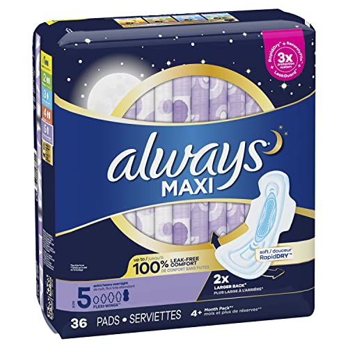 Always Maxi Feminine Pads For Women, Size 5 Extra Heavy Overnight Absorbency, With Wings, Unscented, 36 Count #TOP1