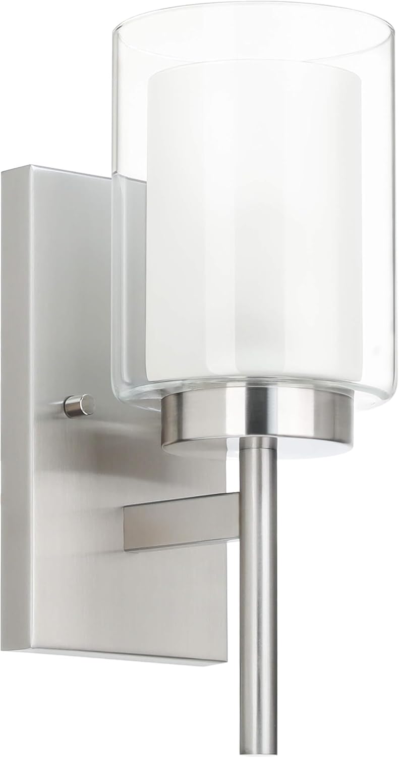 XiNBEi Lighting Bath Sconce Vanity Light, Modern Indoor 1 Light Wall Light Fixture with Dual Glass Shade Brushed Nickel Finish XB-W1276-1-BN