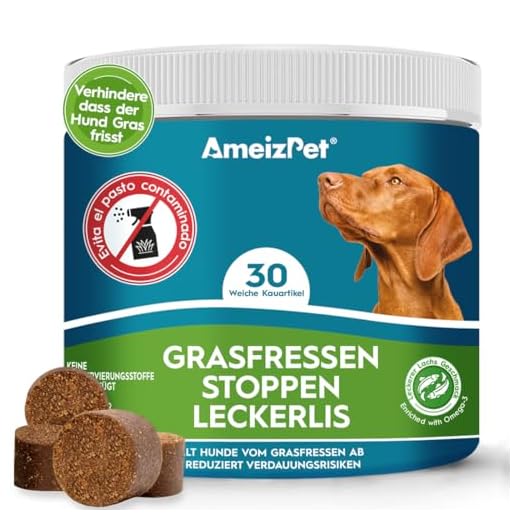 AmeizPet Disuade A Los Perros De Comer Hierba, Evita Que Los Perros Coman Hierba, Alivia El Estómago Y Reduce El Ardor De Estómago, Enzimas Digestivas, 30 Chuches para Perros, 67.5g (2.3 Oz)