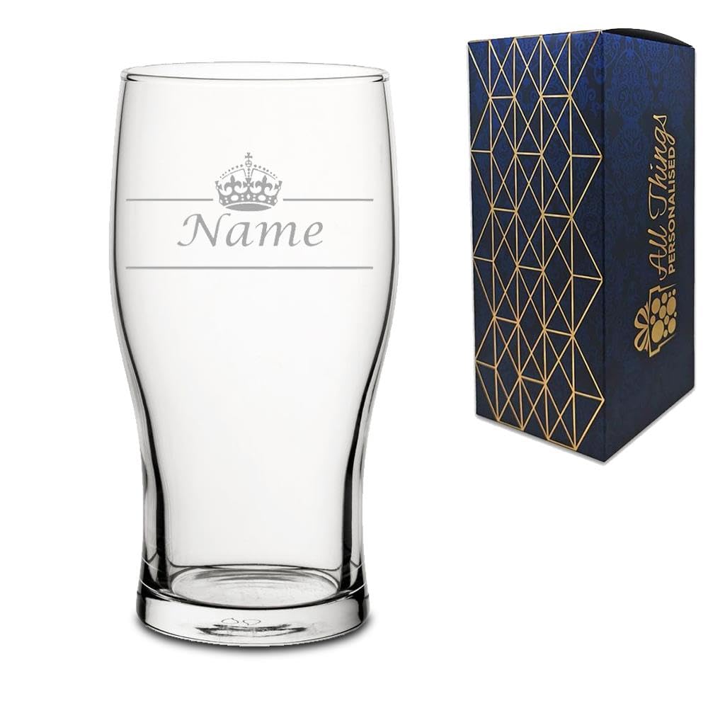 All Things Personalised Verre Pint Personnalisé Gravé 0,5 L - Verre à Bière Motif Couronne avec Prénom et Message - Cadeau Anniversaire, Fête des Pères, Noël - Coffret Cadeau Inclus