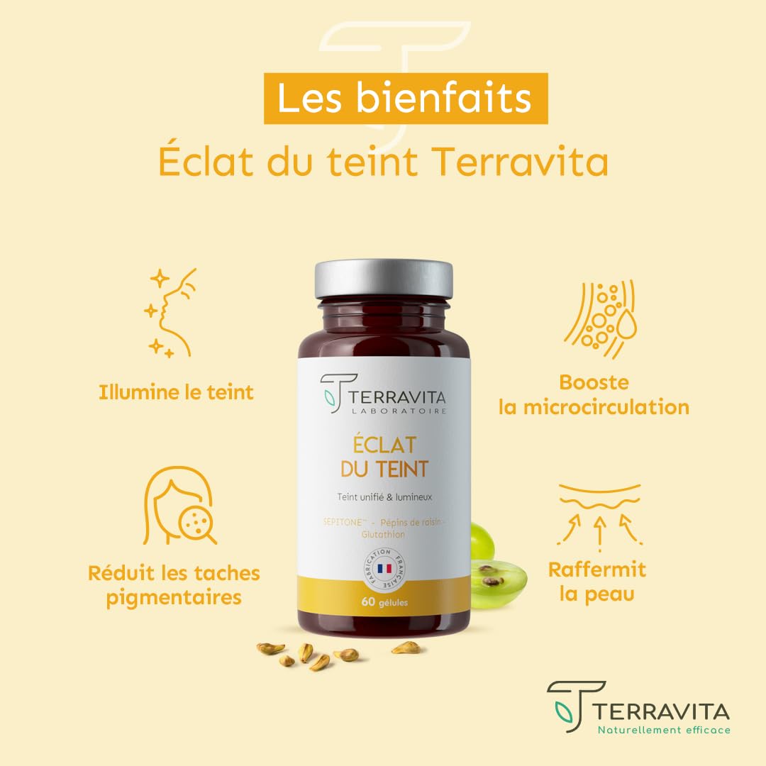 Eclat du Teint | Pépins de Raisin OPC + Extrait de Myrtille SEPITONE + Vitamine C + Glutathion Réduit | Peau Éclatante et Unifiée | Action Antioxydante | 60 Gélules Vegan | Made in France | Terravita