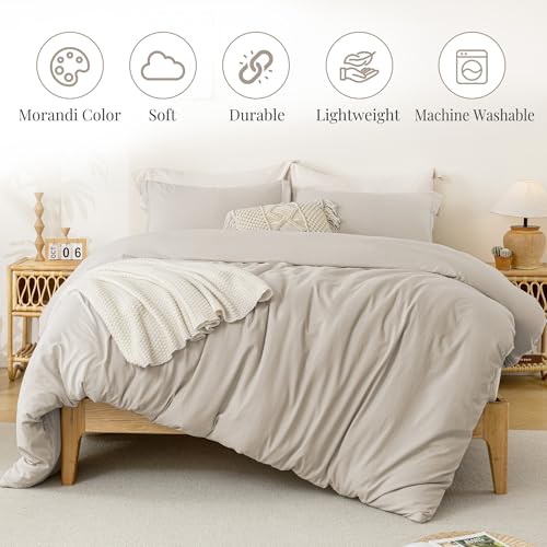 Image of MILDLY Duvet Cover Cal King Ultra Soft Comforter Cover Set 3pcs, Linen Grey | Washed Microfiber Cotton-Like, Breathable Comfort, Hidden Zipper, 8 Corner Ties, OEKO-TEX Certified, Fade Resistant