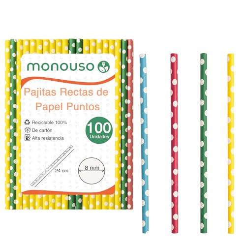 Monouso | 100 Pajitas Rectas de Papel Puntos Enfundadas, Colores Variados, 24cm, Ø8mm, Biodegradable, Reciclable, Desechable, Ideal para granizados, Smoothies, Cañitas de cartón, Pajitas de colores.