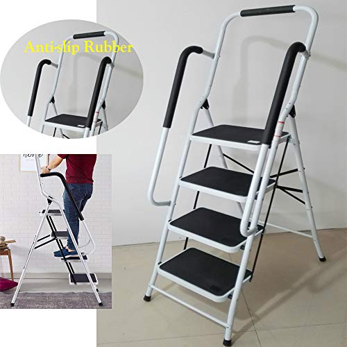 Escabeau 4 Marches avec Main Courante de Sécurité - Largeur Pliante - Antidérapant Mat - Robuste - Charge Maximale de 150 kg Cover