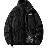 [Poperdision] コート メンズ 冬服 コーデュロイ ジャケット 大きいサイズ ゆったり 無地 中綿 厚手 防風 防寒 暖かい おしゃれ アウター 通勤 通学 男女兼用 シンプルデザイン トップス ファッションBlack-2XL