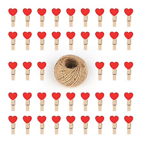 G2PLUS 100 Pinces à Linge en Bois, Petite Pince à Linge,Mini Pince a Linge Bois,Clips Photo en Bois,avec Bobine de Ficelle de Jute de 30 m - pour Photos, Fête Mariage