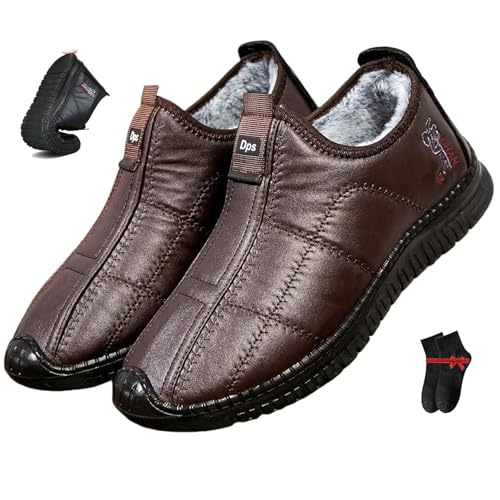 AMOUSDRDR Botas de nieve cálidas con forro de piel para hombre, zapatos térmicos antideslizantes para hombre, zapatos ortopédicos, impermeables, cálidos, antideslizantes, de piel, café, 45 EU