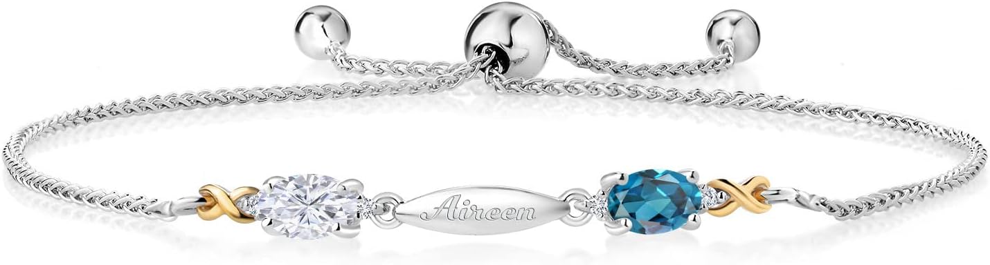 Customized Personalized Engraved 2-Stone Mother's Tennis Bracelet For Women | 925 Sterling Silver and 10K Yellow Gold | Gemstone Birthstone and Lab Grown Diamond | Adjustable Bolo Bracelet For Women