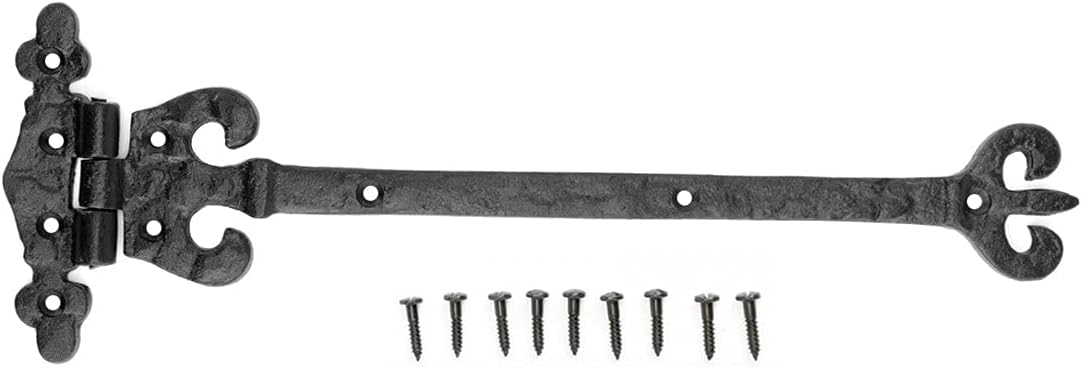 Renovators Supply Manufacturing Black Wrought Iron Shed Door Hinge 12.5 in Vintage Style Decorative Flush Mount Cast Iron Barn Door Shed Hinge with Hardware Pack of 2