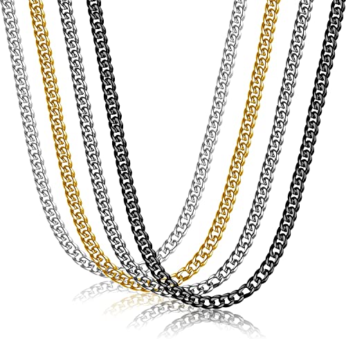 Adramata 4Pcs Chaine Homme Acier Inoxydable Cubaine Collier pour Hommes Femmes, 3.5MM Chaîne de Collier de Bijoux Hip Hop pour Hommes, Acier/Noir/Argent/Plaqué Or, Longueur 41-76CM,51