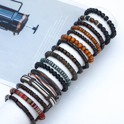 NEWITIN 36 Pieces Braided Leather Bracelets for Men Woven Cuff Wrap Bracelet Wood Beads Cuff Bangle Adjustable Wristband Bracelets Ethnic Tribal Bracelet Set for Women Men3