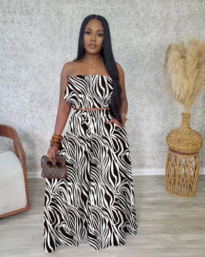 Image of Two Piece Sets for Women Summer Outfits Crop Tops and Wide Leg Pants Sets Sexy Jumpsuits Vacation Outfits with Pockets