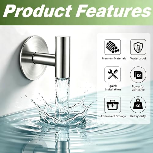 Image of Heavy Duty Self-Adhesive Coat Hooks, Stainless Steel Towel Hooks for Bags, Towels, Robes, Hats, Aprons - No Drill Bathroom, Kitchen, Hotel Wall Hooks (2 Pack, Silver)