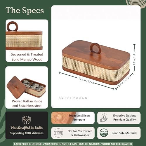 Image of Brick Brown Wooden Tresso Masala Box for Kitchen | Handcrafted Rattan Spice Box with 8 Steel Containers & Wooden Spoon | Masala Dani /Namak Dani | Masala Dabba Storage Box (10.6 x 5.9 x 5.5 Inch)