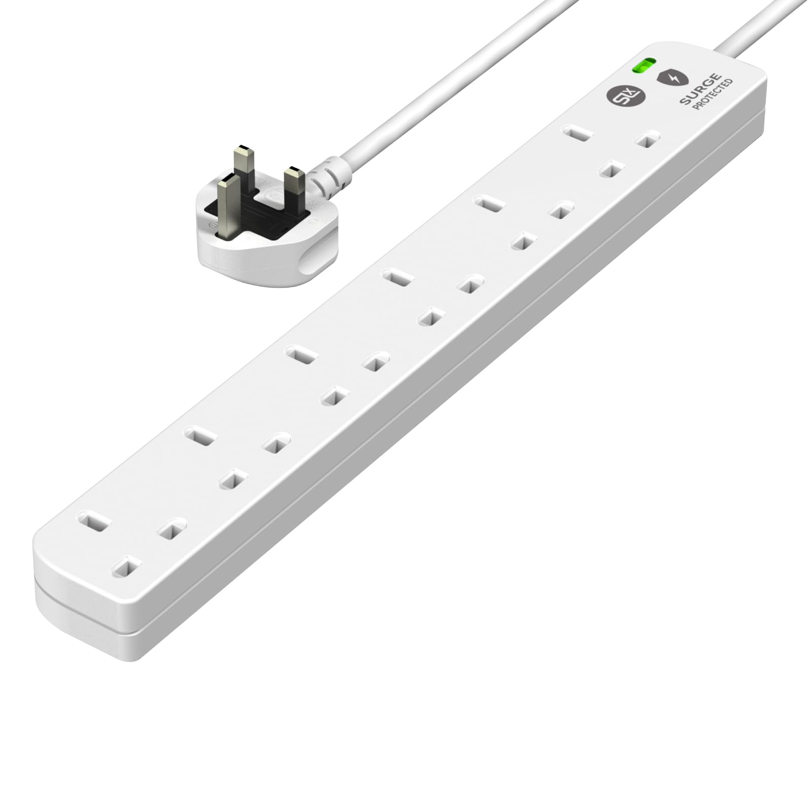 SLx Extension Lead 2m 6 Way Gang Surge Protected Power Strip with LED Indicator 13A UK Plug & 3 Pin Sockets Wall Mountable Extension Cord for Home, Office or Garage White