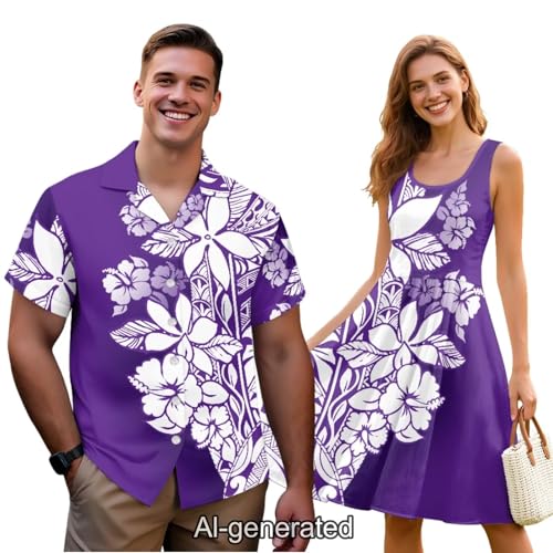 Image of Dreaweet Summer Dresses for Women A-Line Sleeveless Flowy Sun Dresses,Men's Casual Button-Down Shirts,Couple Matching Outfits