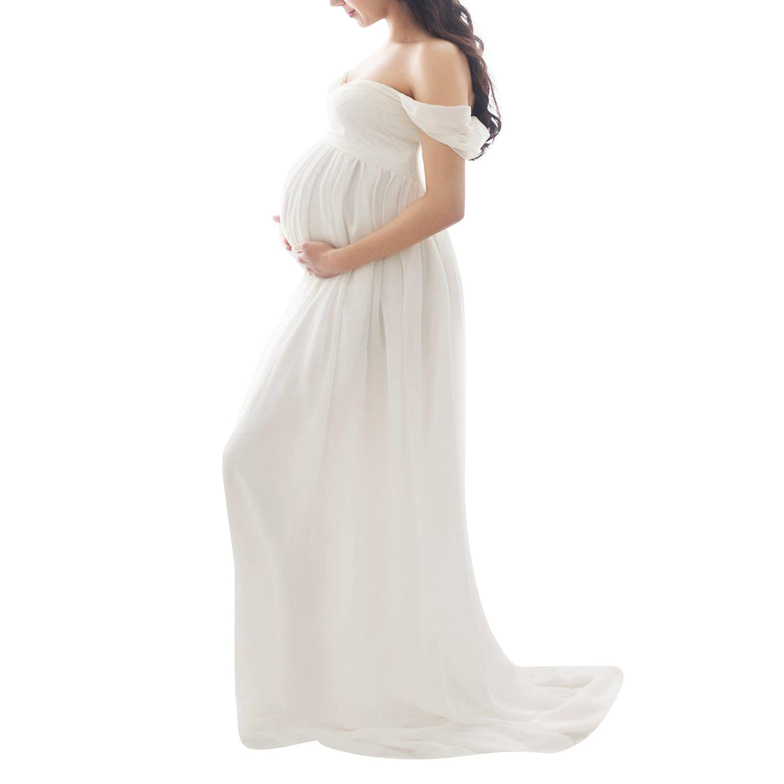Loalirando Vestido de Embarazo Shooting Foto de Gasa Ligera, Vestido de Maternidad Maxi-Largo Hombro Desnudo para Fotografía