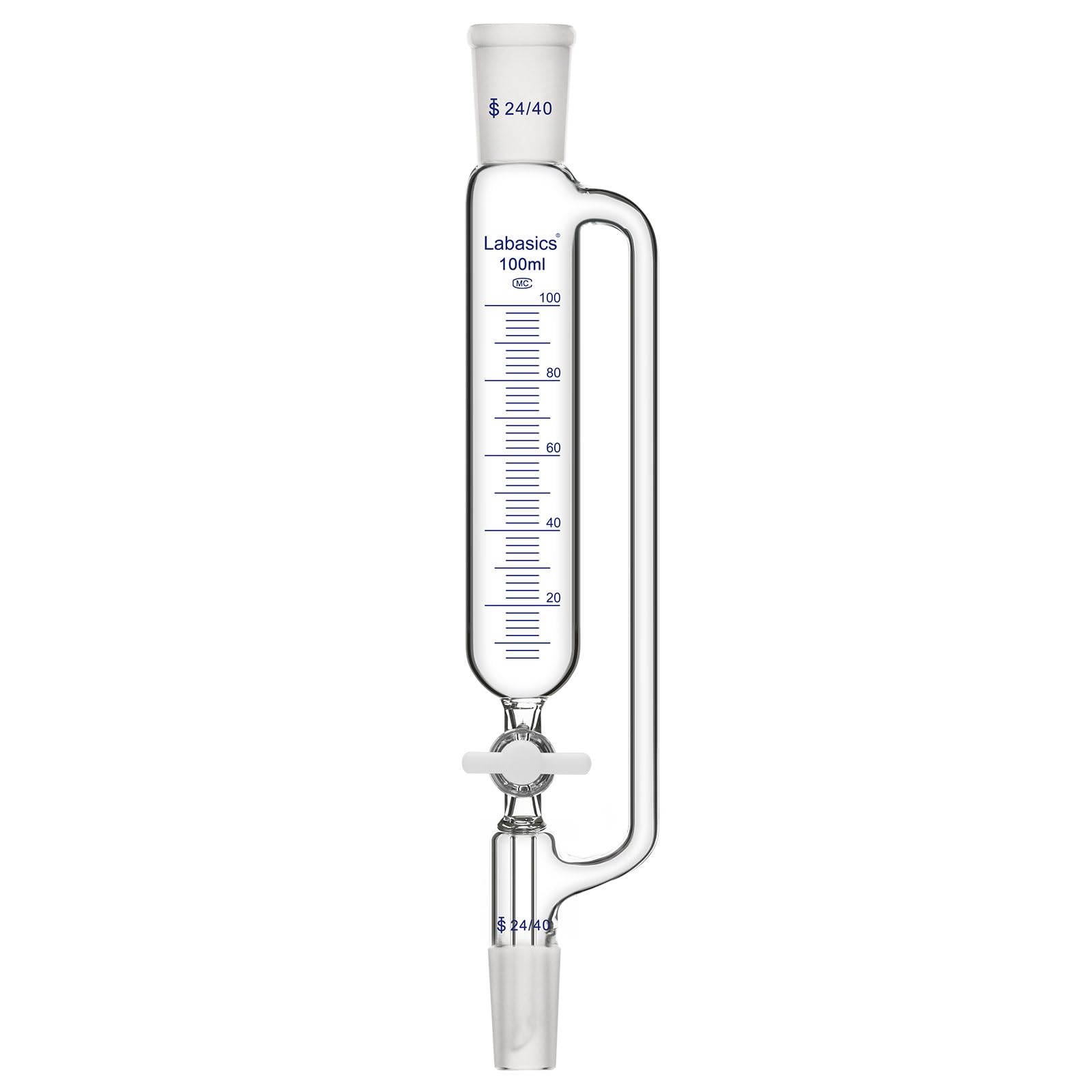 Labasics Graduierter Druckausgleichs-Additionstrichter mit PTFE-Hahn, Borosilikatglas Tropftrichter für Labor Titrationsreaktionen, 24/40 Schliff, 100 ml