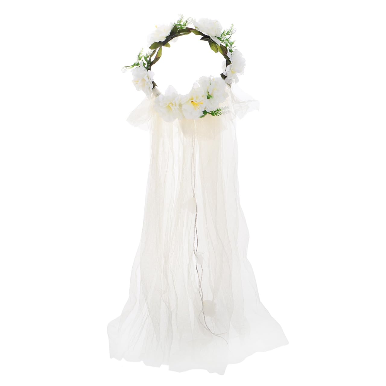 FRCOLOR Bridal Flower Crown with Veil White Floral Headband Wedding Hair Accessory Beach Party Bachelorette Shower Headdress for Women