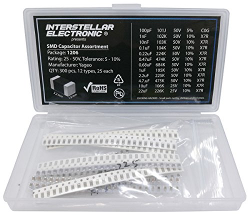 Interstellar Electronic 1206 SMD Capacitor Assortment X7R C0G only, 100pf, 1nF, 10nF, 01uF, 0.22uF, 0.47uF, 0.68uF, 1uF, 2.2uF, 4.7uF, 10uF, 22uF, 25V - 50V, 300 pcs