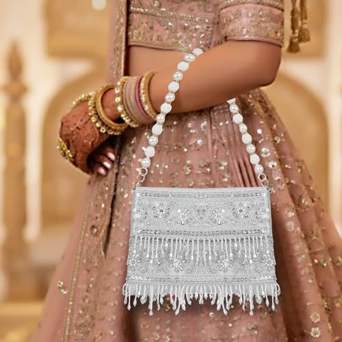 Image of Nevis PU Silk Fabric Women's Embellished bride Clutch with Pearl Handle | Fancy Designe & Wedding Potli Bag for Festive & Evening