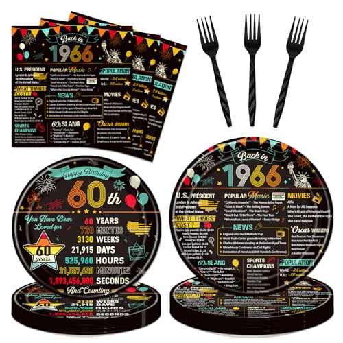 refavor Vintage 60th Birthday Plates and Napkins 96PCS 60th Birthday Party Decorations Supplies for Women Men Back in 1966 Cheers to 60 Years Disposable Tableware Set Serve 24