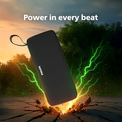 Image of PHILIPS Audio TAS2400BK Portable Bluetooth Speaker with Stereo Sound, 32W RMS, 2400mAh Rechargeable Battery, BT v5.3 Connectivity, IPX4 Waterproof, Supports TF /USB /BT Modes with Hanging Strap (Black)