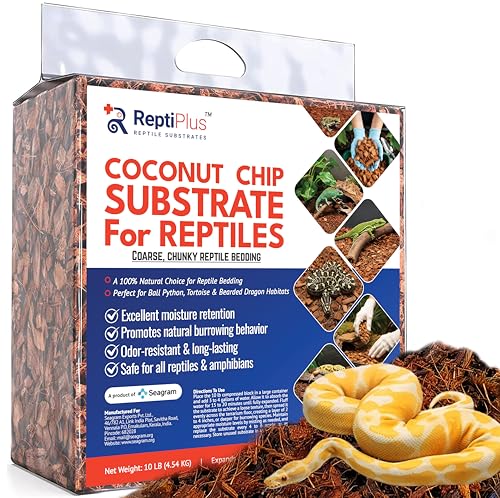 Premium Coconut Chip Substrate for Reptiles by ReptiPlus - 10 LB Compressed Block Expands up to 72 Quarts - Natural Bedding for Ball Pythons, Tortoises, Hermit Crabs, Bearded Dragon Habitats