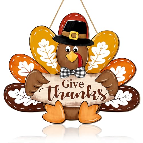 Thanksgiving Turkey Door Sign Decor Give Thanks Wooden Wreath for Front Door Hanger Yard Farmhouse Home Gobble Sign Thankful Wreath Rustic Autumn Harvest Thanksgiving Party Decor