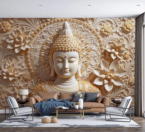 DACRWEKZ Papier Peint soie Style Zen, Papier Peint Panoramique Statue de Bouddha avec relief de lotus pour Salon Chambre, Déco Murale Maison, Décoration...