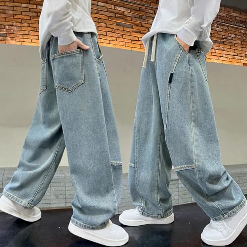 Girls Boys Wide Leg Jeans with Drawstring Pockets Teens Elastic Wasit Baggy Y2K Denim Long Pants Kids 2025 Fashion Clothing2