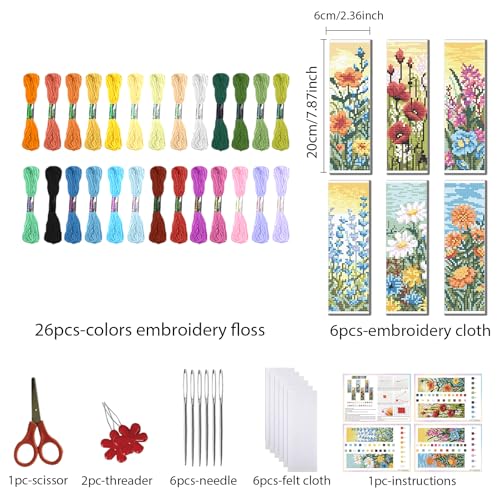 Image of FREEBLOSS 6 Set Cross Stitch Bookmark Kit Wild Flowers Pattern Stamped Cross Stitch Kit 11CT Embroidery Kits with Instructions for Beginners Adult 20x6cm /8x2.4inch