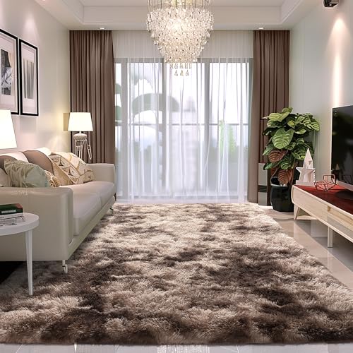 8x10 Shag Area Rug - Fluffy Fuzzy Nursery Kids Girls Room Rug - Soft Plush Furry Bedside Carpet- Tie-Dyed Brown