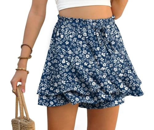 PrinStory Ruffles Shorts For Women High Waist Flowy Shorts Drawstring Skort Casual Summer Skort Wide Leg Culottes (Blue White Flower L)
