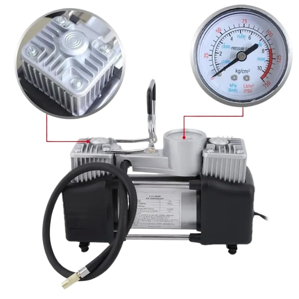 Compressore d'aria per auto 12V con doppio cilindro in acciaio inossidabile, motore da 300 W, pressione massima 150 PSI, tasso di gonfiaggio 60 l/min per pneumatici per auto e veicoli a 12 V