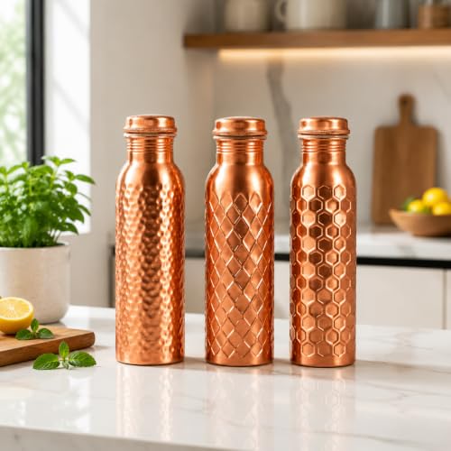 Image of Copper Water Bottle Pure, Set of 3 with Hammered, Diamond & Honeycomb | 100% Pure Copper, Hammered /Diamond /Honeycomb Textures, Copper Finish, Leak-Proof Screw-Top, Wide Mouth, Handcrafted