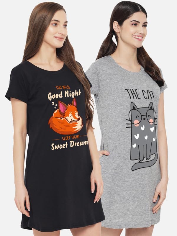 Image of Fflirtygo Women's Cotton Nighty | Printed Knee Length Nighty | Short Sleeve Nighty | Short Nightdress | Long T-Shirt | Regular Fit Night Gown | Nightwear | Sleepwear & Casual Wear Nighty
